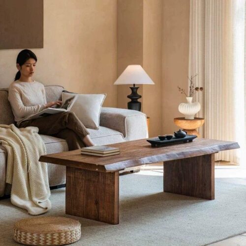 Rustic Live Edge Solid Wood Coffee Table Natural Log Slab Irregular Tabletop for Living Room - Coffee table - QONKA HOME