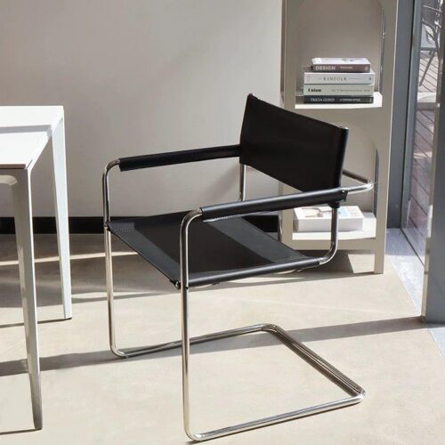 Modern Cantilever Dining Chair Stainless Steel Frame Saddle Leather Upholstered Arm Chair - Metal dining chair - QONKA HOME