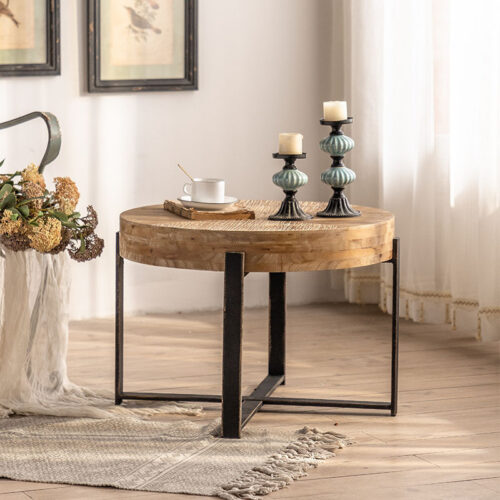 Contemporary Solid Wood Coffee Table on Gold Metal Cross Base - Coffee table - QONKA HOME