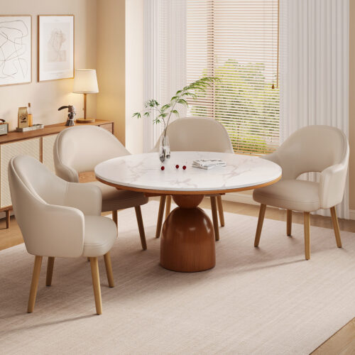 Modern Upholstered Dining Chair with Armrest Solid Wood Leg PU Leather Accent Chair for Dining Room Kitchen - Solid wood d...