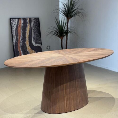 Oval Solid Wood Dining Table Sunburst Veneer Inlay Tapered Pedestal Base Mid‑Century Modern Dining Table for Home Dining...