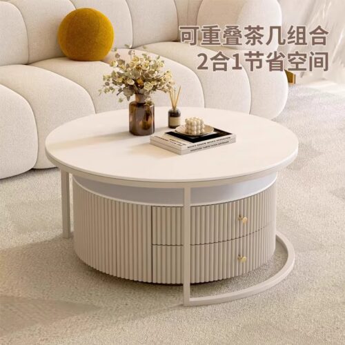 Cream Fluted Storage Round Nesting Coffee Table Set - Coffee table - QONKA HOME