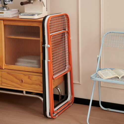 Grid Metal Folding Dining Chair Breathable Iron Mesh Side Chair Portable Stackable Leisure Chair for Balcony Cafe Home - M...