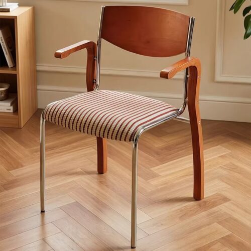Armrest Dining Chair Q195 Carbon Steel Frame Multi‑layer Solid Wood Back Padded Seat Side Chair for Home Office Cafe - M...