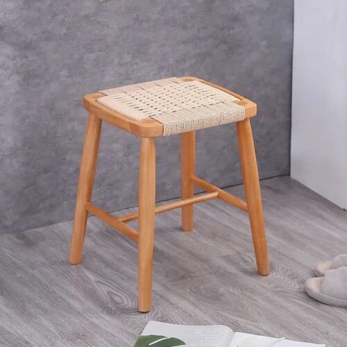 Rubber Wood Stool Hand‑Woven Rope Seat Solid Wood Square Side Stool Dining Bar Stool for Home Kitchen Living Room - Soli...