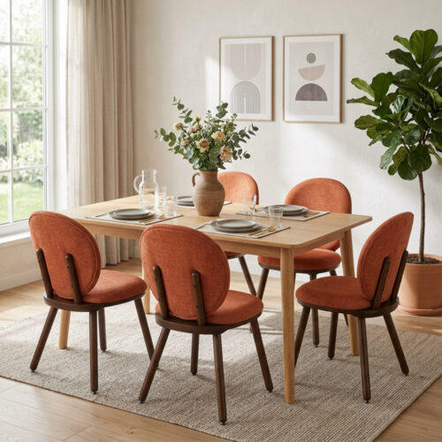 Modern Round Back Dining Chair Chenille Fabric Upholstered Side Chair with Solid Rubber Wood Legs for Home Kitchen - Solid...