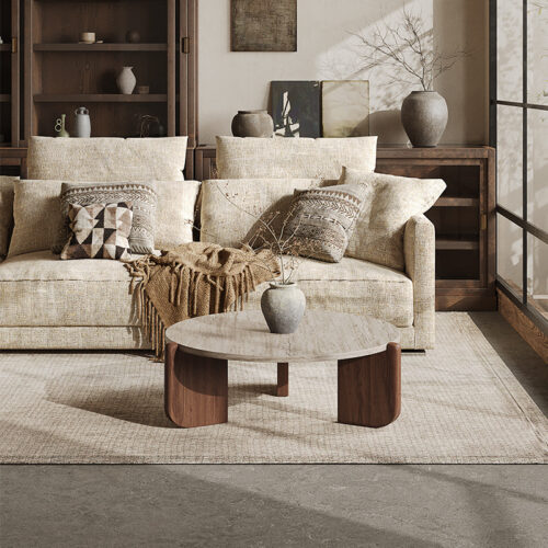 Natural Travertine round Coffee Table & Side Table Set Wabi‑Sabi Solid Wood Leg - Coffee table - QONKA HOME