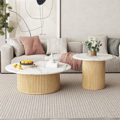 Round Coffee Table Set, Sintered Stone Top With Fluted Wood Base - Coffee table - QONKA HOME