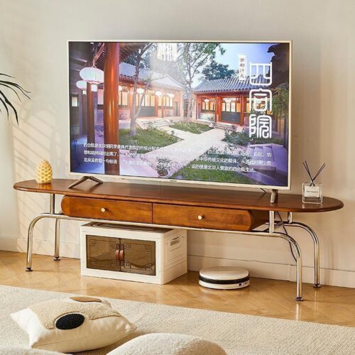 Mid‑Century Wood TV Stand & Coffee Table Set, Retro Solid Wood Storage Entertainment Unit With Metal Legs - Coffee ...