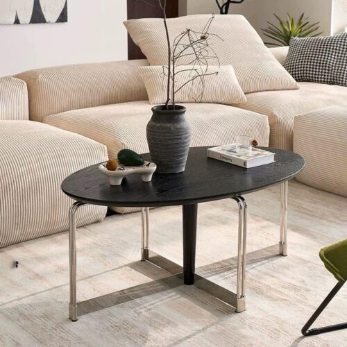 Mid‑Century Retro Oval Wooden Coffee Table  Tempered glass Center Table with Chrome Metal Legs - Coffee table - QONKA HOME