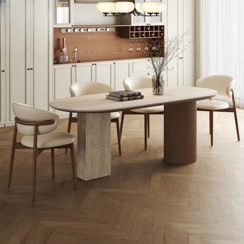 Oval Sintered Stone Dining Table, Asymmetrical Base with Travertine‑Look Panel & Fluted Wood Cylinder, Modern Rock ...