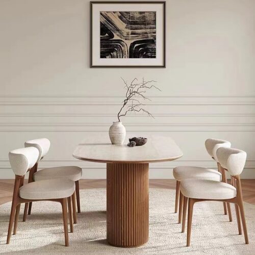 Oval Sintered Stone Dining Table Fluted Solid Wood Double Pedestal Base Modern Minimalist Dining Table for Dining Room - D...