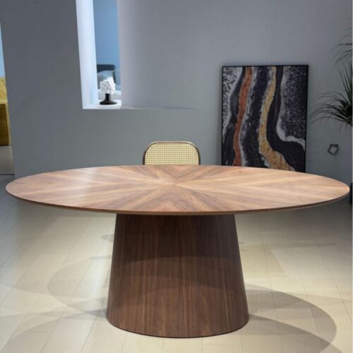 Oval Solid Wood Dining Table Sunburst Veneer Inlay Tapered Pedestal Base Mid‑Century Modern Dining Table for Home Dining...
