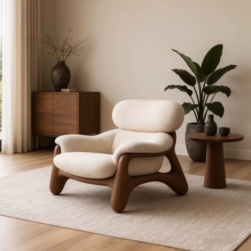 New Chinese Style Walnut Wood Single Sofa Chair - Living room furniture - QONKA HOME