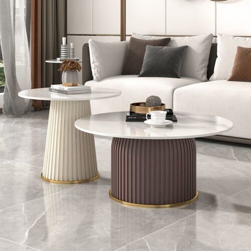 Modern Cream Round Coffee Table Set with Faux Marble Top and Fluted Base - Coffee table - QONKA HOME
