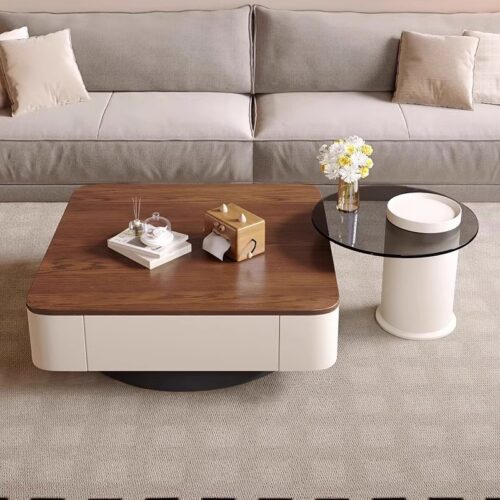Storage Square Coffee Table With Drawers & Glass Side Table Set - Coffee table - QONKA HOME