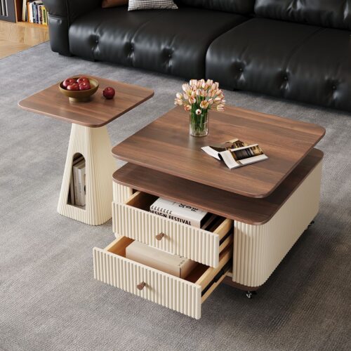 French Walnut Coffee Table Set  with Fluted Storage Drawer - Coffee table - QONKA HOME