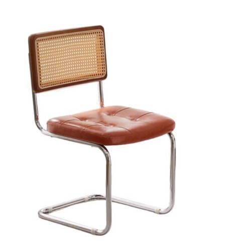 Cantilever Dining Chair PP Rattan Backrest Upholstered PU Seat Chrome Metal Frame Mid-Century Modern Side Chair - Metal di...