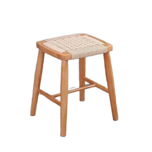 Rubber Wood Stool Hand‑Woven Rope Seat Solid Wood Square Side Stool Dining Bar Stool for Home Kitchen Living Room - Soli...