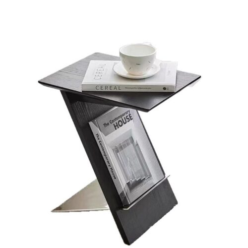 Modern Z‑Shaped Side Table Black Wood End Table With Magazine Rack Metal Base - Bedroom furniture - QONKA HOME