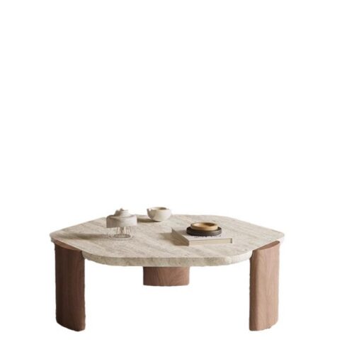Hexagonal Natural Travertine Coffee Table Solid Wood Leg Wabi‑Sabi - Coffee table - QONKA HOME
