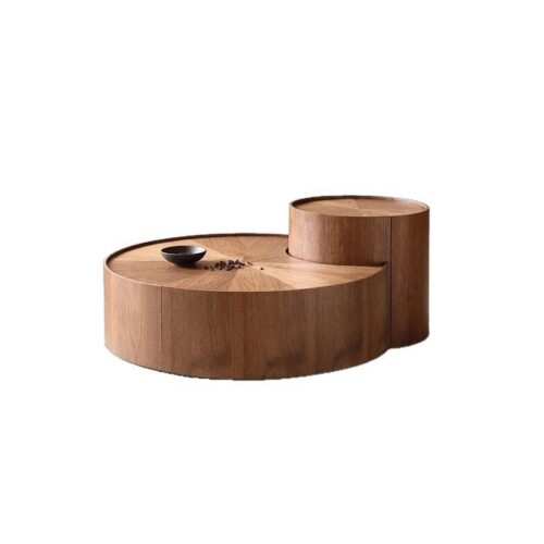 Round Nesting Coffee Table Set walnut Wood Veneer Coffee Table with Drawer - Coffee table - QONKA HOME