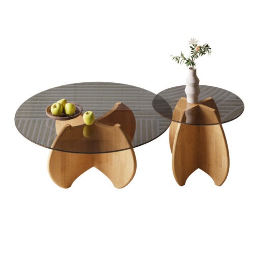 Rubber Wood Base Tempered Smoked Glass Top Multi‑Color Optional Irregular Artistic Leg Round Nesting side Table - Bedsid...