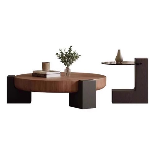 Dark Walnut Round Center Table with Tempered Glass Side Table - Coffee table - QONKA HOME