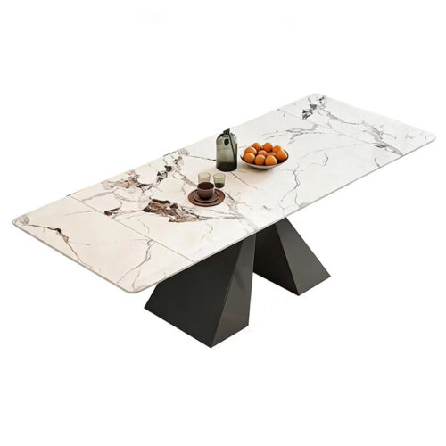 Extendable Sintered Stone Dining Table Retractable Foldable Tabletop Carbon Steel Geometric Base Modern Rectangular Dining...