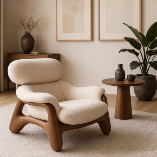 New Chinese Style Walnut Wood Single Sofa Chair - Living room furniture - QONKA HOME