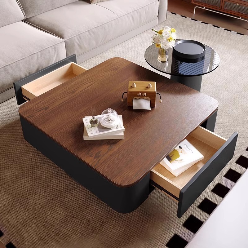 Storage Square Coffee Table With Drawers & Glass Side Table Set - Coffee table - QONKA HOME