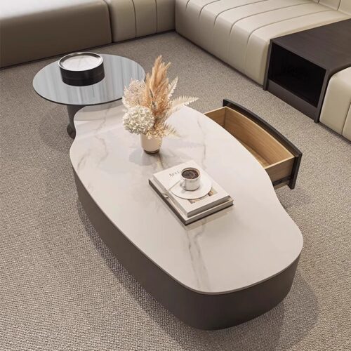 Irregular Sintered Stone Coffee Table Metal Frame Storage Tea Table With Drawer - Coffee table - QONKA HOME