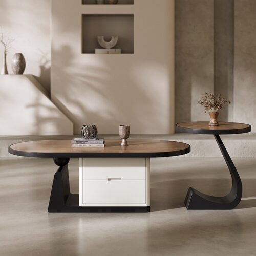 Mid-century Walnut  Oval Coffee Table With Drawers & Side Table Set - Coffee table - QONKA HOME