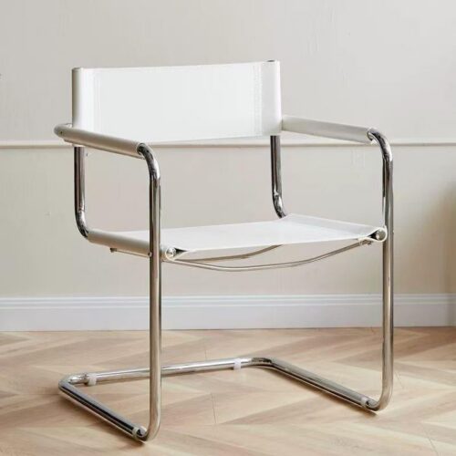Modern Cantilever Dining Chair Stainless Steel Frame Saddle Leather Upholstered Arm Chair - Metal dining chair - QONKA HOME