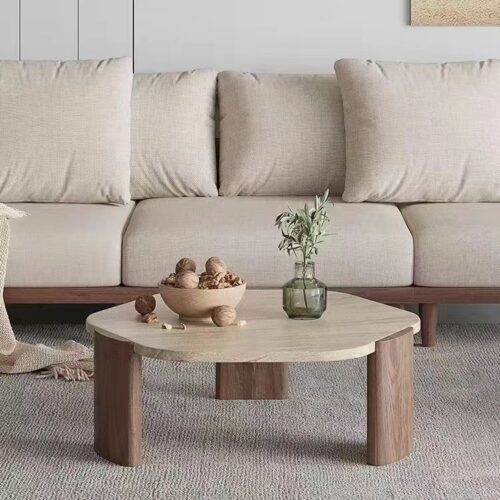 Hexagonal Natural Travertine Coffee Table Solid Wood Leg Wabi‑Sabi - Coffee table - QONKA HOME