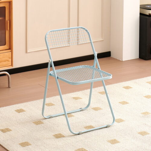 Grid Metal Folding Dining Chair Breathable Iron Mesh Side Chair Portable Stackable Leisure Chair for Balcony Cafe Home - M...