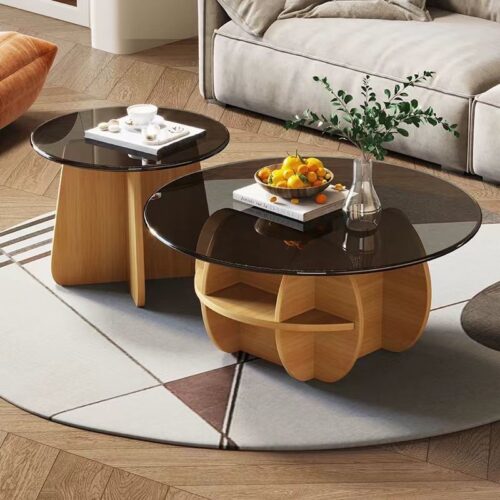 Modern Nested Round Coffee Table Set MDF Base Tempered Glass Top With Storage - Bedside table - QONKA HOME