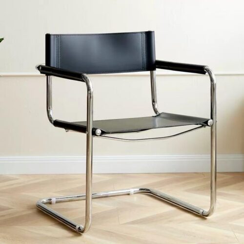 Modern Cantilever Dining Chair Stainless Steel Frame Saddle Leather Upholstered Arm Chair - Metal dining chair - QONKA HOME