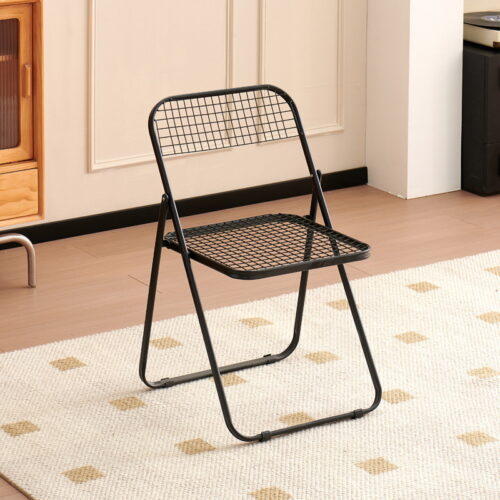 Grid Metal Folding Dining Chair Breathable Iron Mesh Side Chair Portable Stackable Leisure Chair for Balcony Cafe Home - M...
