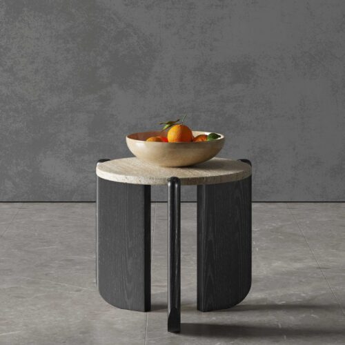 Natural Travertine round Coffee Table & Side Table Set Wabi‑Sabi Solid Wood Leg - Coffee table - QONKA HOME