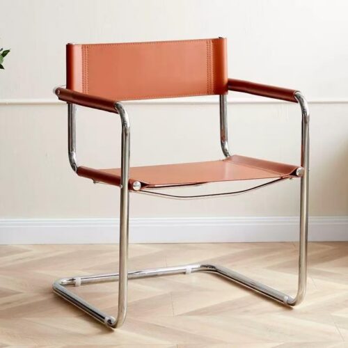 Modern Cantilever Dining Chair Stainless Steel Frame Saddle Leather Upholstered Arm Chair - Metal dining chair - QONKA HOME