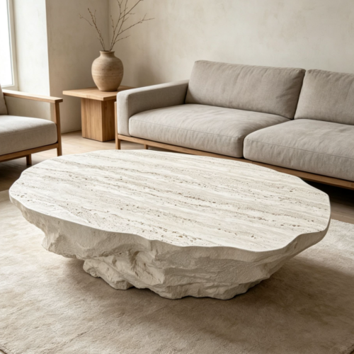 Irregular Faux Travertine Fiberglass Coffee Table Natural Rough Edge - Coffee table - QONKA HOME