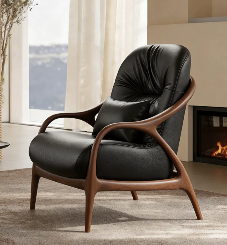 Solid Wood Frame Leather Accent Lounge Chair - Living room furniture - QONKA HOME