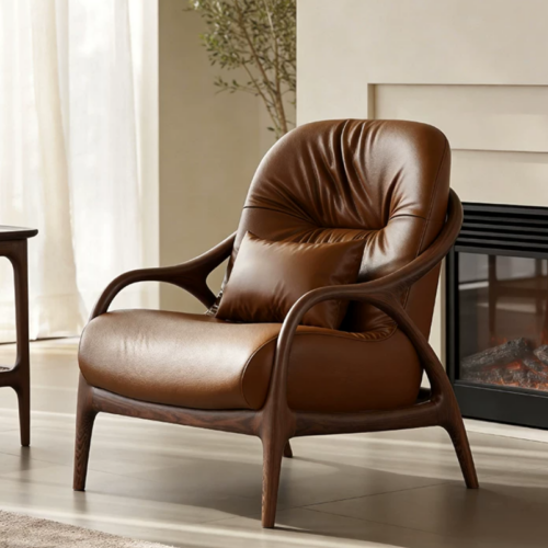 Solid Wood Frame Leather Accent Lounge Chair - Living room furniture - QONKA HOME