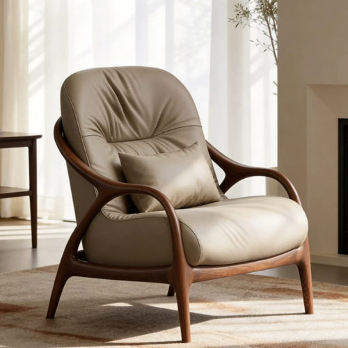 Solid Wood Frame Leather Accent Lounge Chair - Living room furniture - QONKA HOME