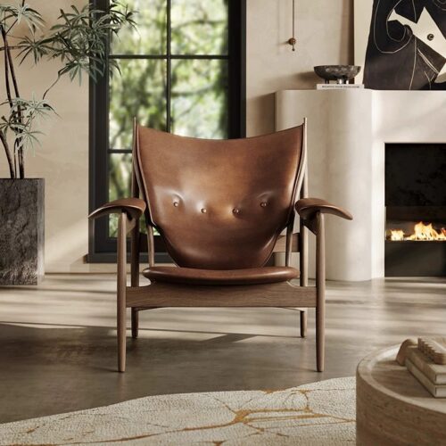 Mid‑Century Solid Wood Genuine Leather Armchair - Living room furniture - QONKA HOME