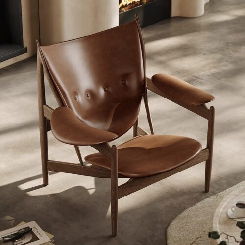Mid‑Century Solid Wood Genuine Leather Armchair - Living room furniture - QONKA HOME