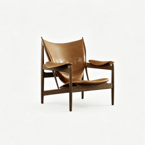 Mid‑Century Solid Wood Genuine Leather Armchair - Living room furniture - QONKA HOME