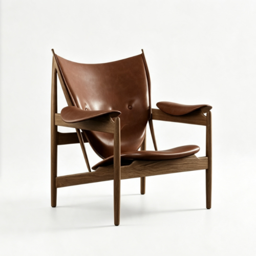 Mid‑Century Solid Wood Genuine Leather Armchair - Living room furniture - QONKA HOME