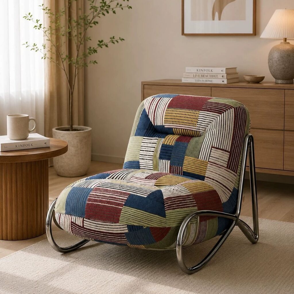 Patchwork Rocking Chair Metal Frame Leisure Accent Chair - Living room furniture - QONKA HOME